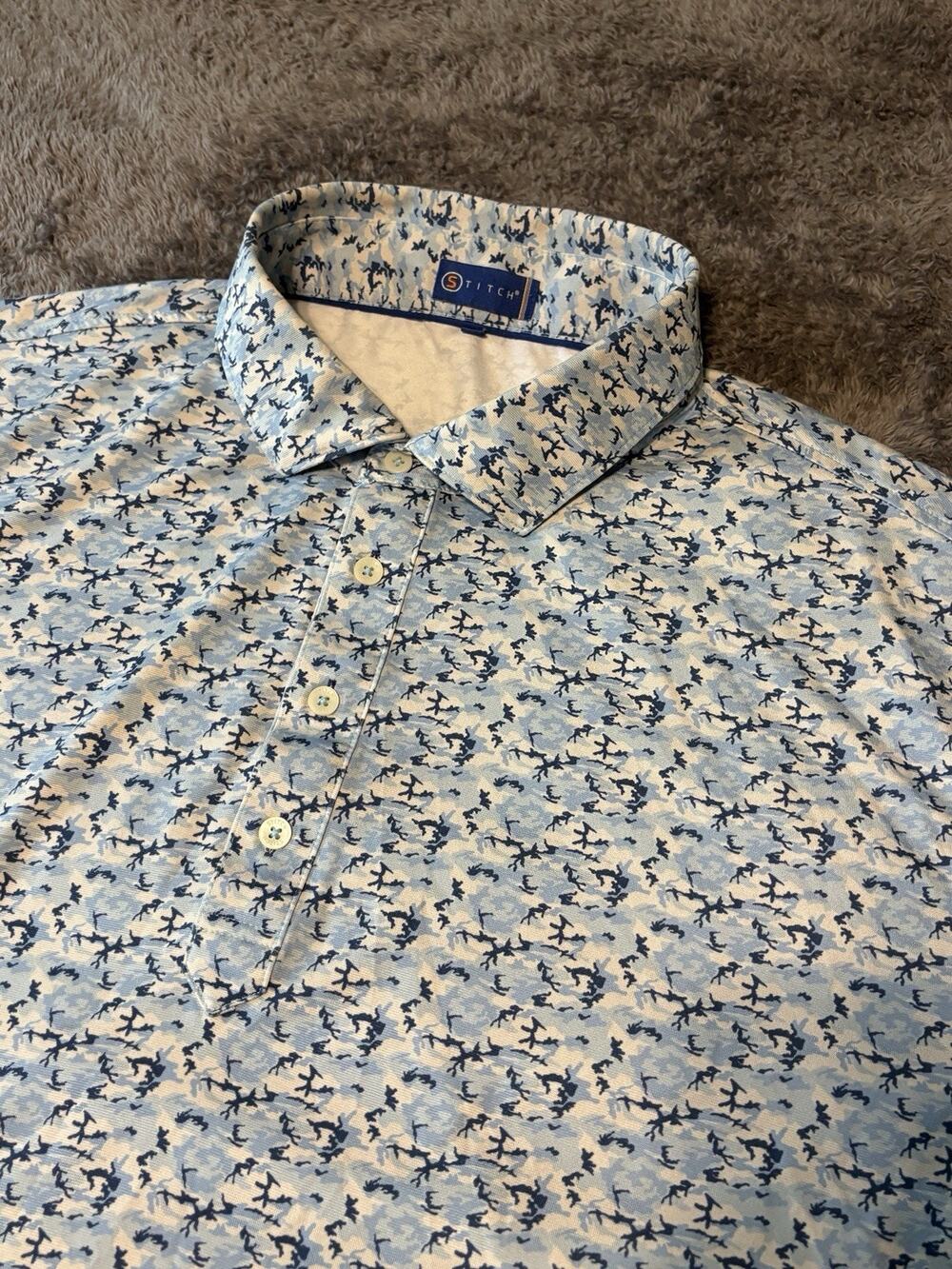 Stitch Golf Polo Men's XL Sky Blue Navy All-Over Coral Branch Print EUC